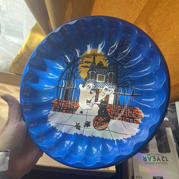 Vintage Berma Halloween Blue Candy Plate Haunted House Ghost Kitsch 2 Pc New USA - Picture 2 of 5